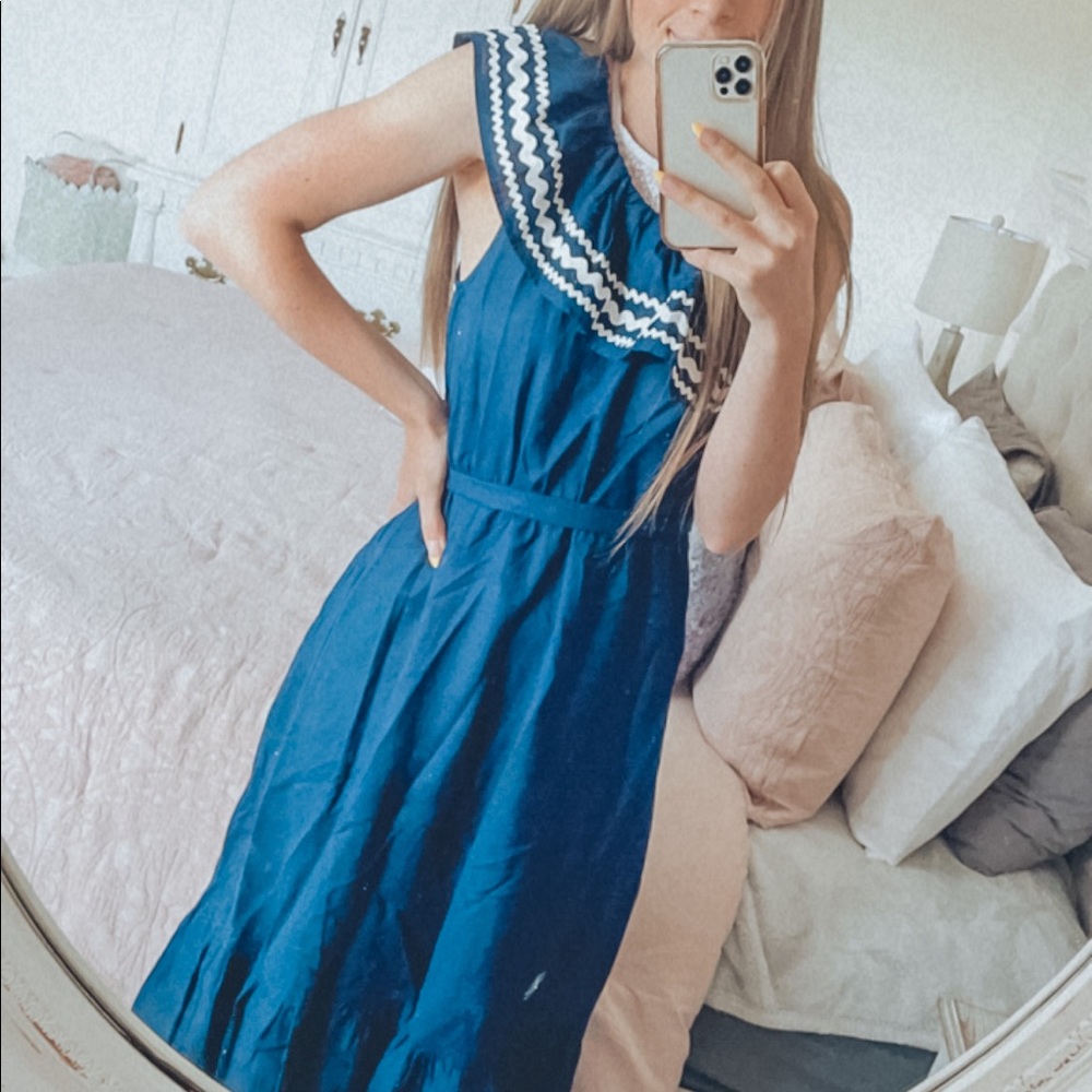 Ruffle One-Shoulder Navy Blue Midi Dress